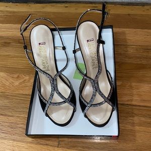 Black Formal Strappy Peep Toe Rhinestone Heels